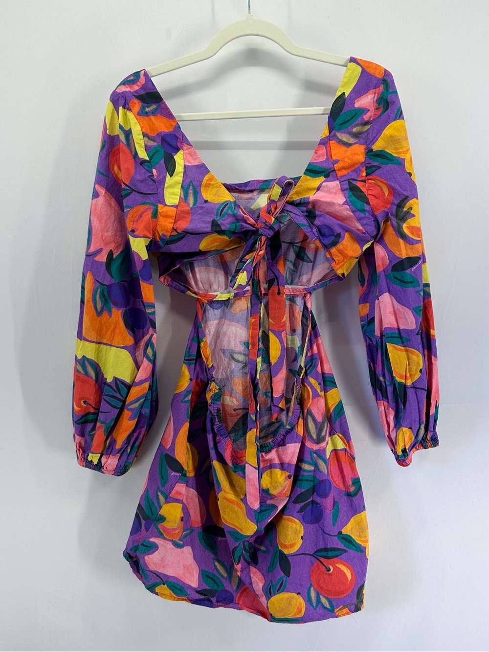 Farm Rio Vibrant Purple Long Sleeve Poplin Cotton Cut Out Mini Dress Fruit Print - Picture 7 of 11